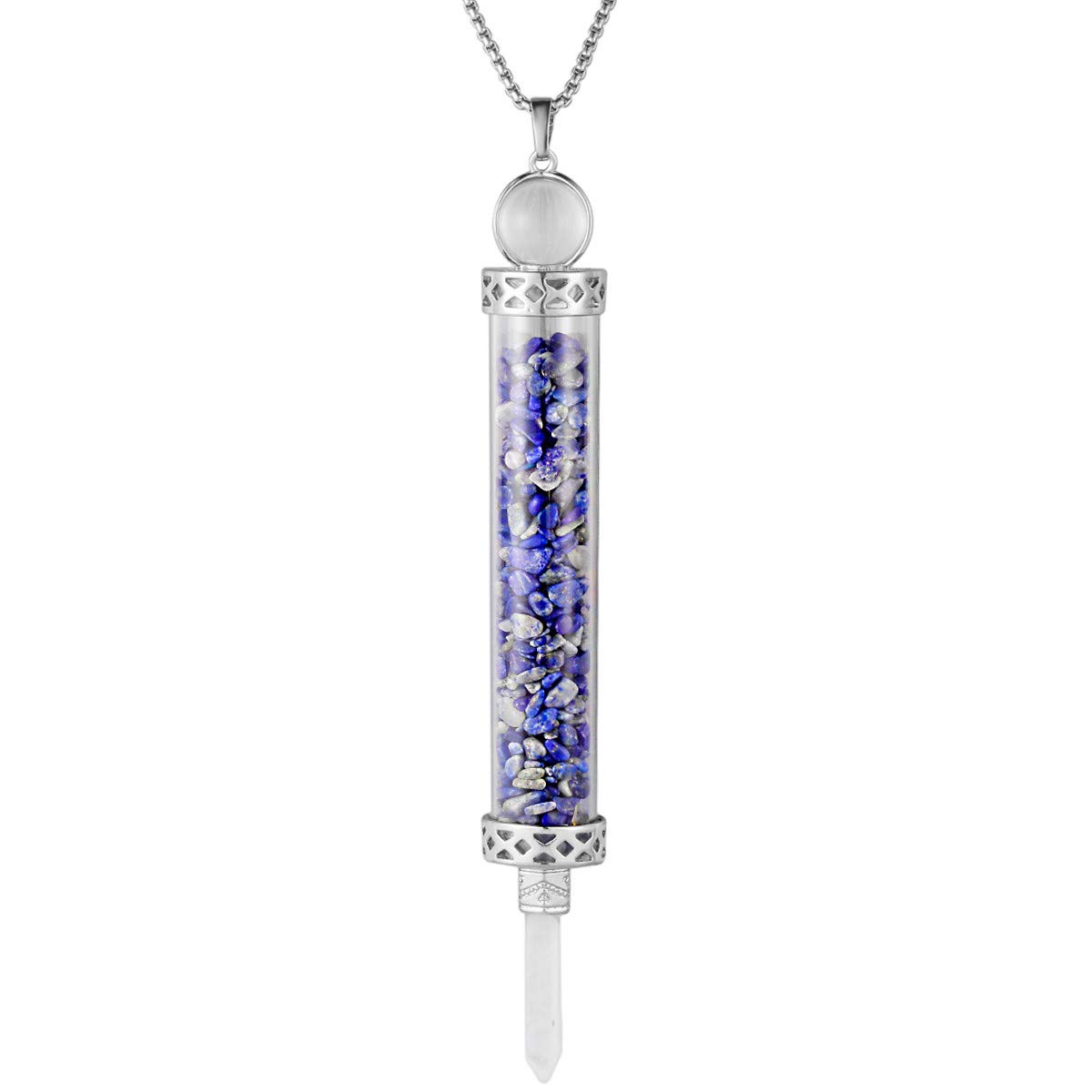 Nupuyai Lapis Lazuli Crystal Quartz Point Wand Pendant Necklace for Women Men, Handmade Wishing Bottle Pendant with Chain 50cm