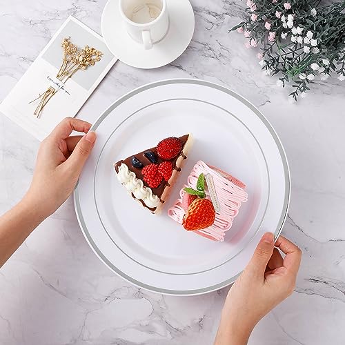 BESTVIP 100Pcs Silver Plastic Plates, 10.25 Inch Disposable Party Plates | Heavy Duty Dinner Dish with Rim for Christmas, Thanksgiving, Wedding, Birthday & Special Events