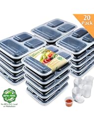 Enther Meal Prep Containers 36oz Lids, Food Storage Bento Box BPA Free/Reusable/Stackable Lunch Planning, Microwave/Freezer/Dishwasher Safe, Control, 36 oz, 20 Pack 3 Compartments with Portion Cups