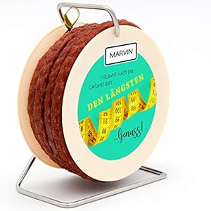 Geschenke 24 Salami Kabeltrommel „Längster Genuss“ personalisiert (Türkis) – Originelle Wurst Kabeltrommel mit 3,5 m Wurst – Witzige Weihnachtsgeschenke, Salami Geschenke für Männer, Vatertagsgeschenk
