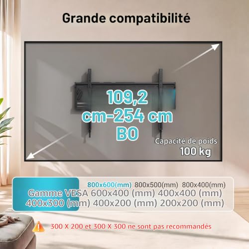BONTEC Support Mural TV Fixe pour Téléviseurs 43 à 100 Pouces, Ultra Fin 23 mm, Charge Maximale 100 kg, VESA Max 800x600 mm, Fixation Murale Ultra Plate, Plaque Monobloc, Verrouillage Auto Sécurisé | Profil bas 23 mm, VESA max 800x600 mm, Plaque monobloc, Pour téléviseurs plats ou incurvés