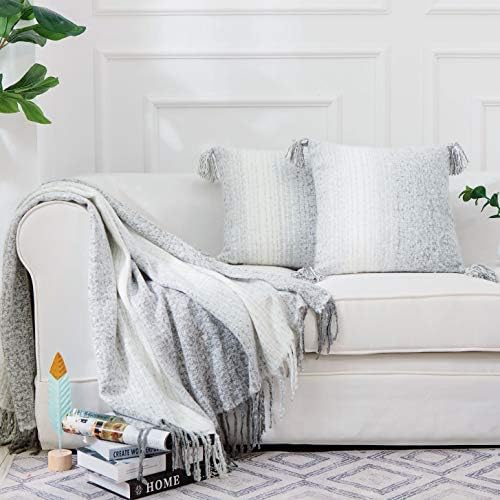 Cheer Collection Set of 2 Gray Ombre Acrylic Throw Pillows with Tassels (18" x 18") and 1 Throw Blanket (50" x 60")