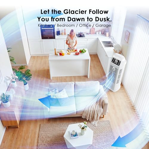 Portable Air Cooler, 6 in 1 Air Conditioner 1200ML Evaporative Air Cooler with Remote Control, 120° Oscillating 4 Speeds 12H Timer Mist Spray Tower Fan for Home Office（Off White）