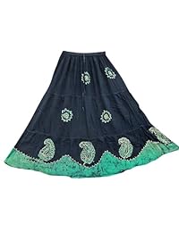 Women's Boho Skirt Green Batik Embroidered Hippie Gypsy Long Skirts L