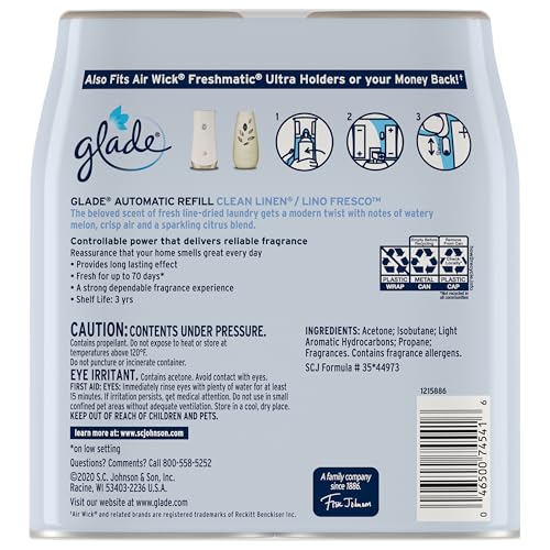 GLADE AUTOMATIC SPRAY AIR FRESHENER REFILL, SCENTED AIR FRESHENER FOR HOME AND BATHROOM, CLEAN LINEN, 6.2 OZ, 2 COUNT