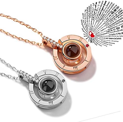 Evaky Women Pendant Rose Gold Necklace Projection 100 Languages of I Love You Necklaces, Gift for Lovers