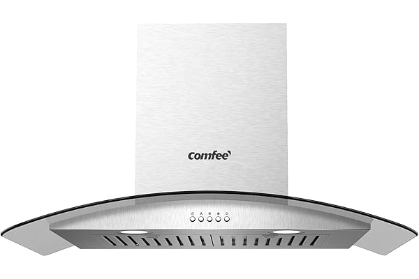 Comfee CVG30W8AST 30 Inches Ducted Wall Mount Vent Range Hood with 450 CFM 3 Speed Exhaust Fan, Baffle Filters, Curved Glass,