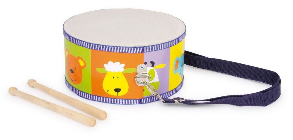 small foot 3315 childrens drum musical toy with colorful animal motives, carrying straps and wooden drumsticks