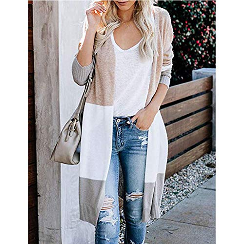 Womens Boho Open Front Cardigan Colorblock Long Sleeve Loose Knit Lightweight Sweaters (M, Khaki)