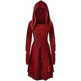 Cicy Bell Womens Renaissance Costumes Hooded Robe Halloween Lace Up Hoodie Dress Vintage High Low Medieval Cloak