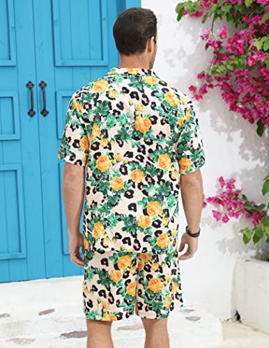 LUCKYOUNG Men's Hawaiian Shirt and Short, Two Piece Vacation Outfits Sets Short Sleeve Shirt Beach Button Down Shirts Suits Yelloworange Large