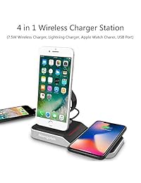 Mangotek Watch Stand Cargador inalámbrico para iPhone de Apple e iWatch, estación de carga de teléfonos 4 en 1 con conector Lightning y puerto USB para iPhone 8   X   XR   7 6 e iWatch Series 4 3 2 1, MFi, plateado