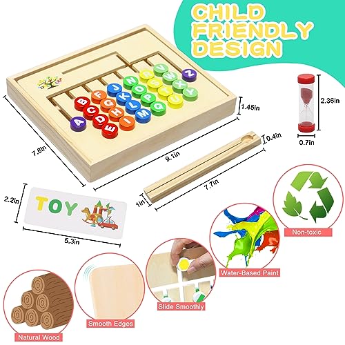 Wooden Montessori Toys for Kids 2 3 4 5 6 7 8 Years Old, Alphabet Learning Toys with 34 Cards, Color & Shape Matching Slide Puzzles Brain Teaser Logic Board Games for Preschool Kindergarten Homeschool