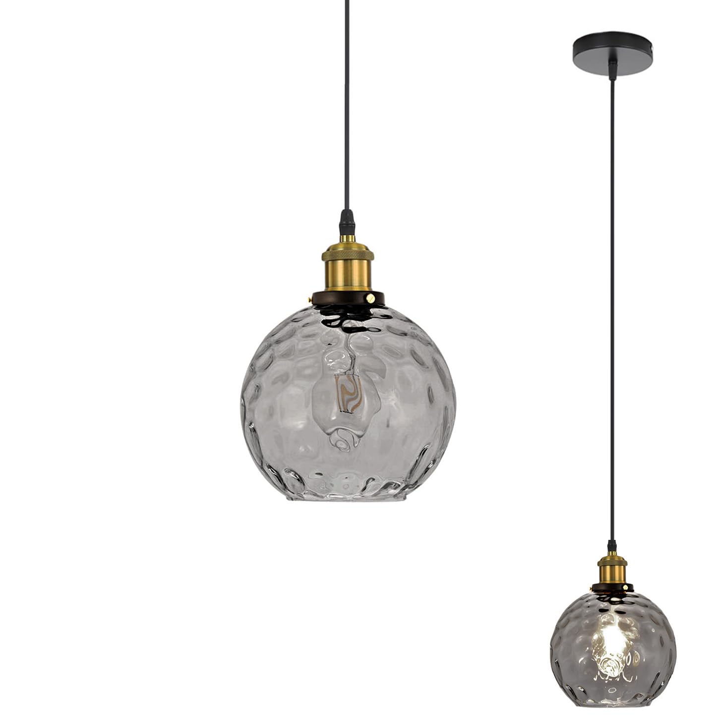 LFsem Vintage E27 Pendant Light with 15cm Rippled Glass Ball, Industrial Retro Height Ajustable Hanging Ceiling Lamp for Bedroom, Dining Room, Cafe and Restaurants (Grey)