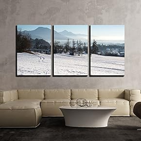 3 Piece Canvas Wall Art - Panoramic View of Scenic Winter Landscape - Modern Home Art Stretched and Framed Ready to Hang - 16"x24"x3 Panels