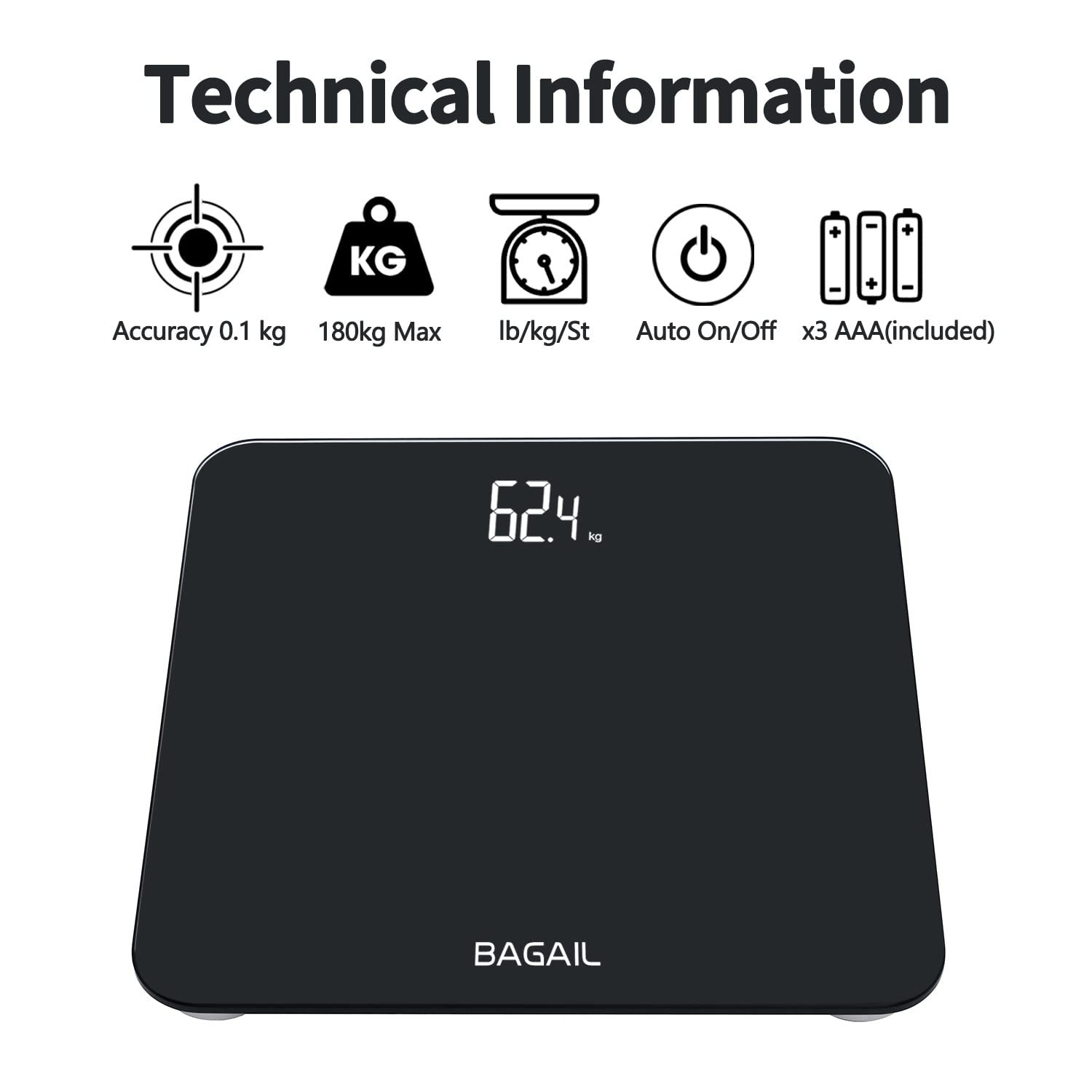 BAGAIL Bathroom Scale, Digital Weighing Scale with High Precision Sensors and Tempered Glass, Ultra Slim, Step-on Technology, Shine-Through Display - 15Yr Guarantee Black