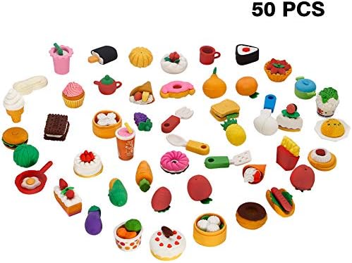 FunsLane 50 PCS Pencil Erasers for Kids, Assorted Food Fruit Cake Dessert Puzzle Erasers, Mini Take Apart Erasers, Novelty Party Favors
