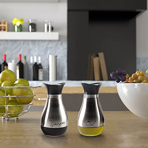 Emenest Oil and Vinegar Cruet Dispensers, Set of 2 Silver and Glass Bottles with Lid and Non-drip Spout - 13.6 Oz, Modern Decorative Condiments Storage - Thumbnail 5