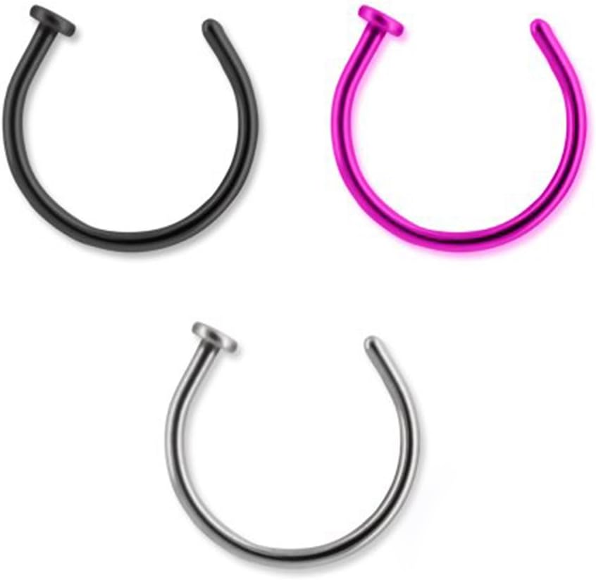 Set of 3 Surgical Steel Nose Hoops Rings - Black, Purple and Steel - 0.8mm 8mm