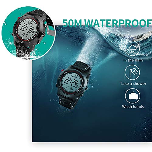 Men Digital Sports Watches with Compass Pedometer Altimeter Barometer Military Waterproof Wristwatch with Leather Band