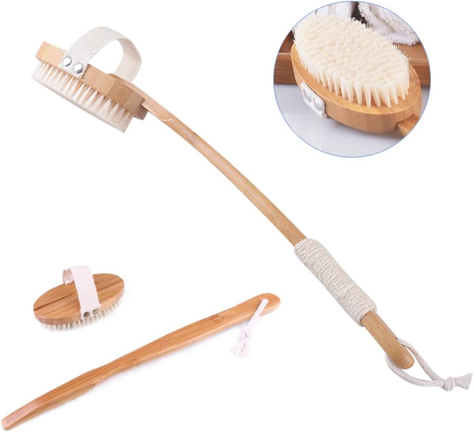 Back Bath Brush with Long Bamboo Handle, Lifetop Back Body Scrubber Exfoliates Dry Skin Shower Brush, Natural Bristle