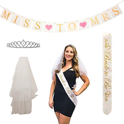 Bachelorette Party &amp; Bridal Shower Set - Double Layered Soft Satin Bride to Be Sash, Bridal Tiara with Rhinestones, Handcrafted Miss to Mrs Banner Decoration, Soft Bridal Veil with Comb