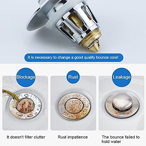 Wash Basin Bounce Drain Filter Stainless Steel Push Type, Universal Edition Bullet Core Push Type Drain Plug, Pop-up Drain Filter for 1.1~1.34\'\' Drain Holes Bathroom Sink Stopper