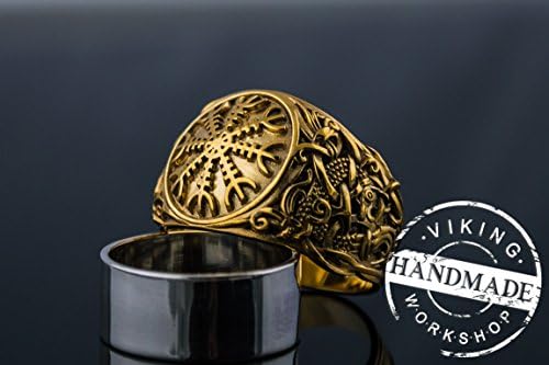 14K Gold Helm of Awe Ring with Mammen Ornament Viking Jewelry