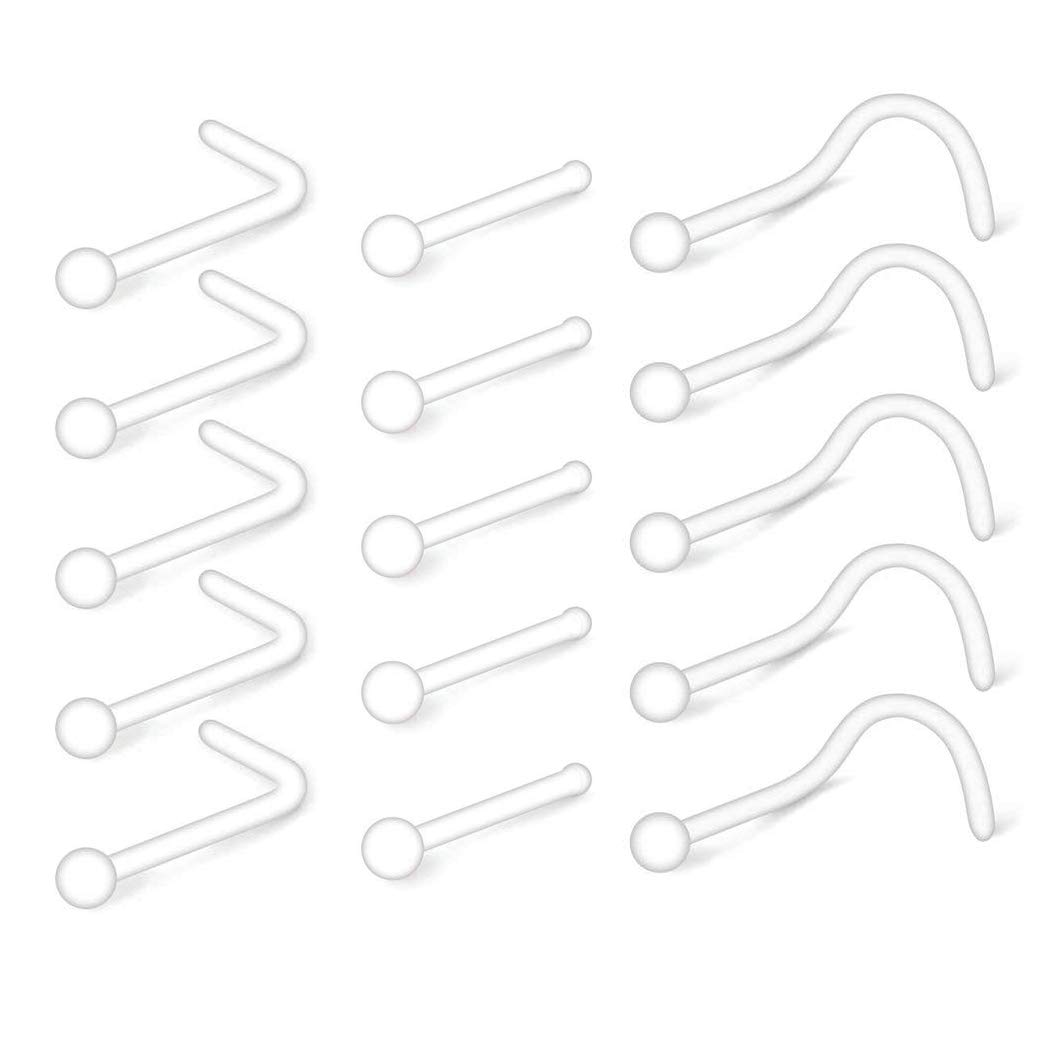 FECTAS 15-20pcs Clear Nose Screw Stud L Shap Nose Bone Retainer Bioflex Plastic 20 Gauge Piercing