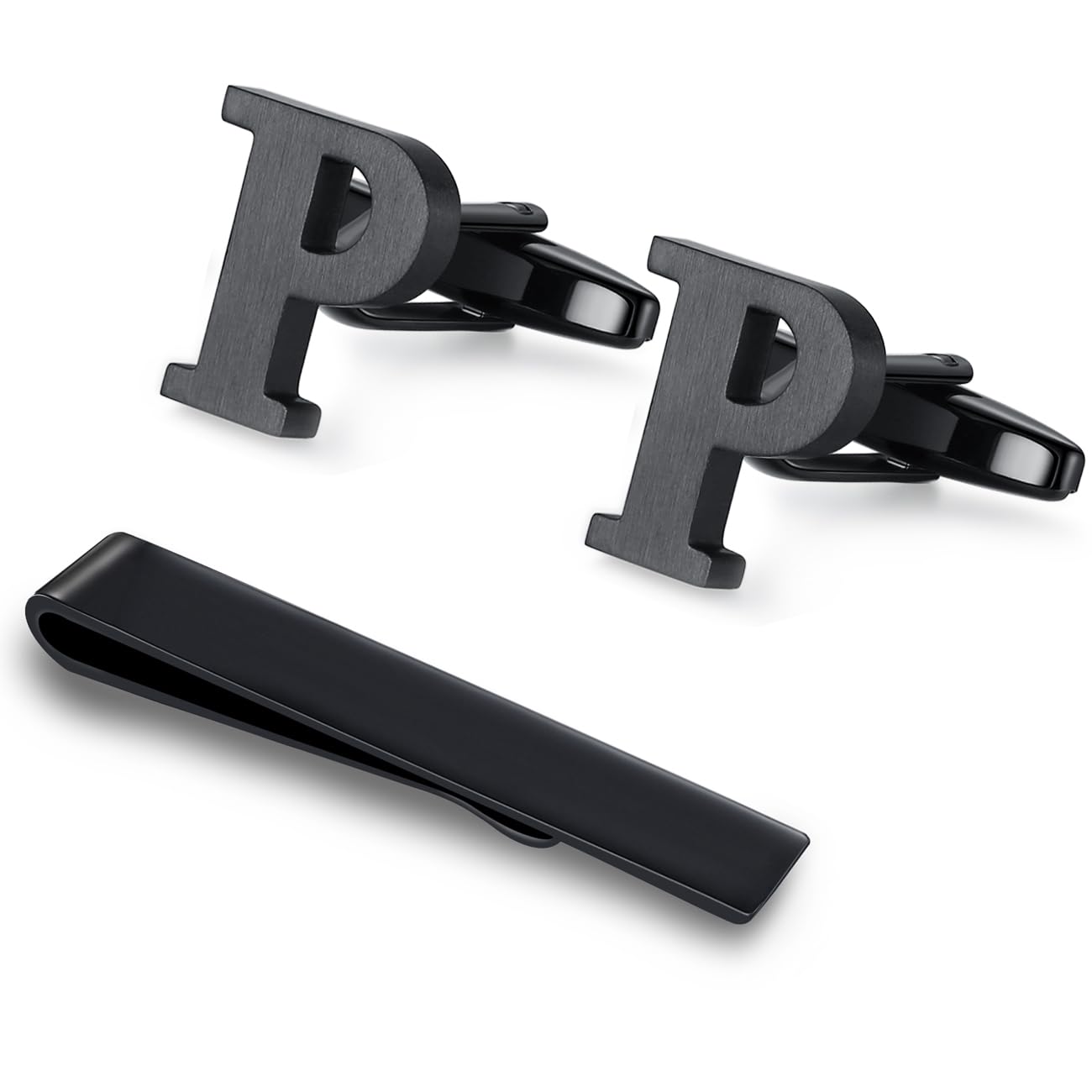 Honey Bear Initial Alphabet Letter Cufflinks Tie Clip Set for Mens - Black Stainless Steel, for Business Wedding Gift A - Z (P)