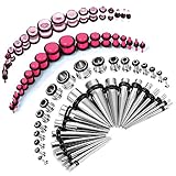 Taper Kit 14G-00G, 36 Pieces Stainless Steel Tunnels and 36 Pieces Pink Acrylic Tapers - 72 Pieces