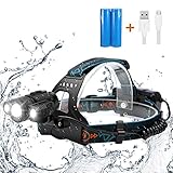 LED Headlamp,SGODDE 4 Modes 5000 Lumens Headlight,USB Rechargeable Waterproof Flashlight, 3 LED Zoomable Head Torchlight for Outdoor Camping Hunting Fishing Running- Batteries&USB Cable Included