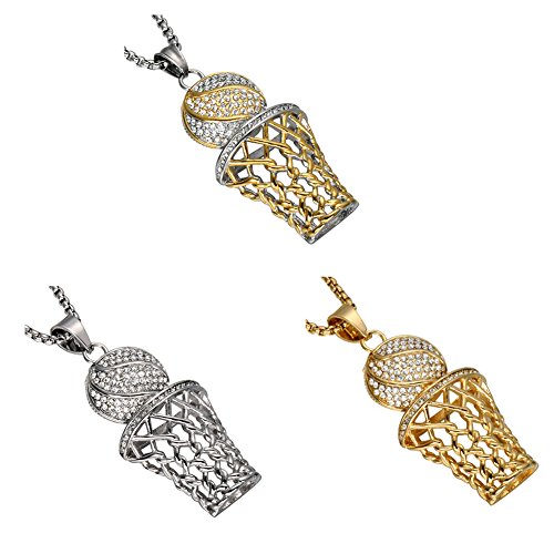Mens Titanium Hip Hop Iced Out Gold&Sliver Plated Mini Basketball Rim Pendant with Diamond Cuban Chain