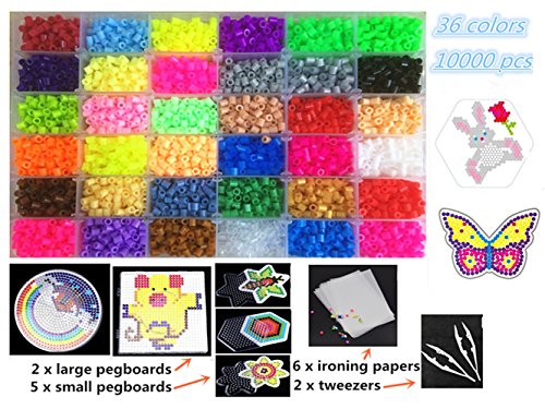 Perler Beads Fuse Beads Kit-10000pcs 36 Colors(6 Glow in the Dark) Peg Boards,Color Cards,Iron Papers,Tweezers-Craft DIY for Kids Adults Chirdren