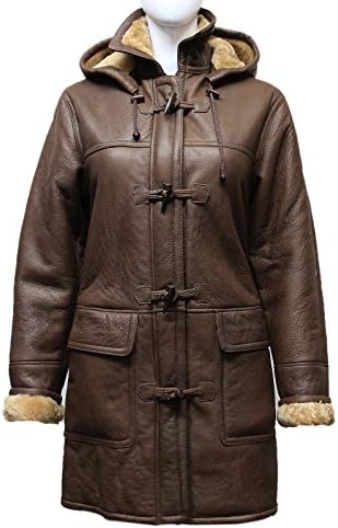 ABSY Ladies Brown New Smart Winter Warm Real Shearling Sheepskin Leather Duffel Coat With Removeable Hood (Large 12)