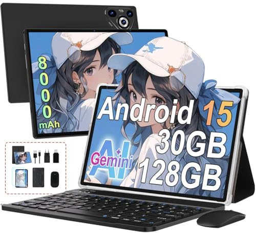 Android Tablet 15, 10 Inches, [30GB RAM 128GB ROM]+TF 2TB Expandable, 8000mAh, WIFI 5G/ BT5.0/ OTG, Widevine L1, Face ID, Tablets Metal Body with Mouse, Keyboard, Protective Case, Black