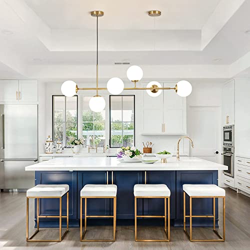 KCO Lighting 6 Light Milky Glass Chandelier, Modern Linear Globe Chandelier, White and Gold Pendant Lamp Mid-Century Rectangular Chandelier for Kitchen Island