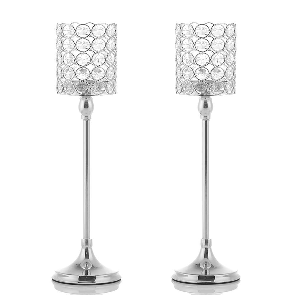 VINCIGANT Votive Silver Crystal Candle Holders/Candle Lanterns for Home Office Decor Wedding Coffee Table Decorative Centerpiece,2PCS 16 Inches Tall