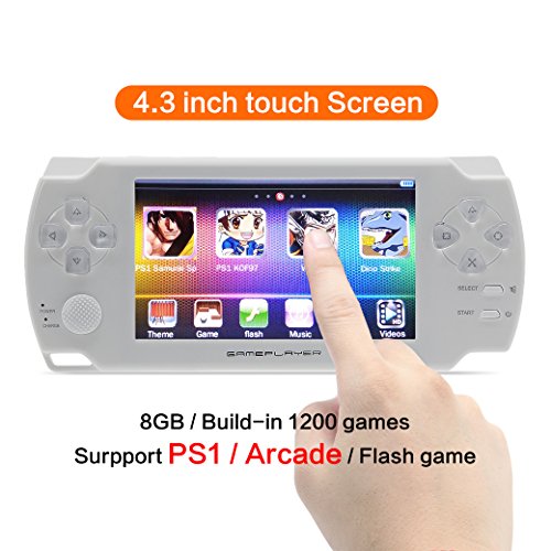 JXD 8GB 4.3 inch Touch Screen Handheld Video Game Console Build-in 1200 No-repeat Games for PS1/Arcad/Flash/GBA/FC/GBC/SMD/SFC MP3/4 DV/DC Rechargeable Lithium Battery (GM01064WhiteUS)