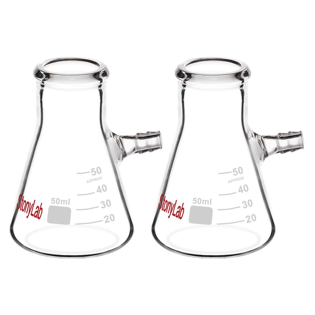 StonyLab 2-Pack 50ml Borosilicate Glass Filtering Flask, Bolt Neck with Tubulation