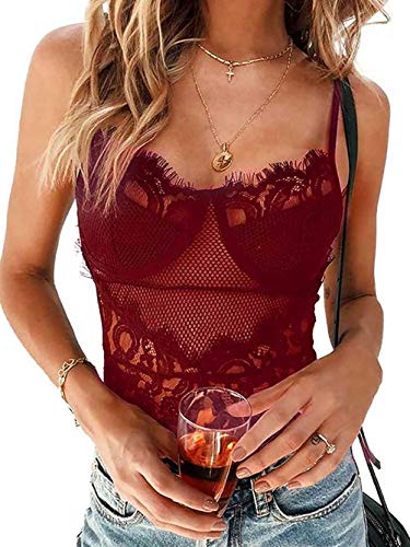 Donnalla Women Sexy One Piece Teddy Lingerie V-Neck Lace Mesh Bodysuit Underwear (Wine Red, Size XL) - Thumbnail 3