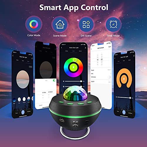Proyector Estrellas, Tasmor Smart WiFi Alexa Proyector de Galaxia con Soporte, 10 Modos de Color Control Remoto con Temporizador, Altavoz de Música Bluetooth, Regalo de Fiesta Luz Nocturna