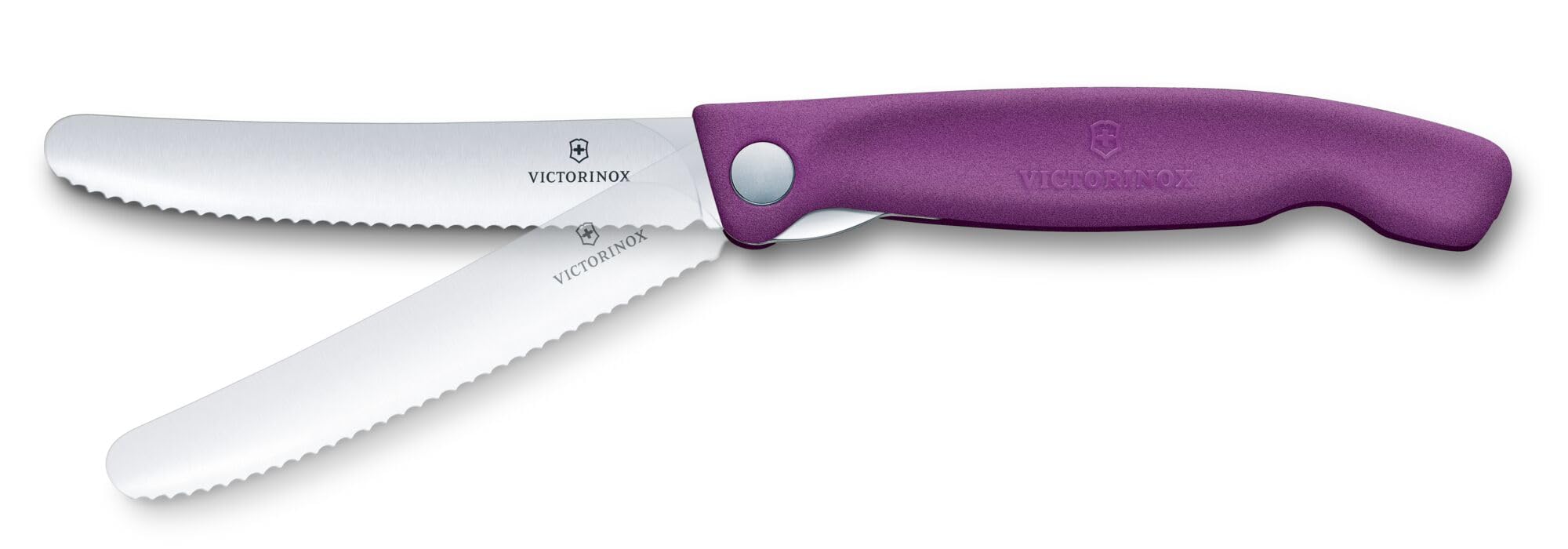 Victorinox Swiss Classic Faltbares Picknick-Messer für Wanderungen, Obst, Gemüse, Brötchen, Wurst, mit Wellenschliff, Extra Scharf, Violet 3