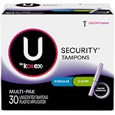 U By Kotex Security Tampons, Multipack Regular/Super Absorbency, Unscented, 30Count (Packaging May Vary), 0.530 Lb
