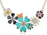 Alilang Golden Tone Enamel Flower and Butterfly Bib Statement Necklace Rhinestone Pearl