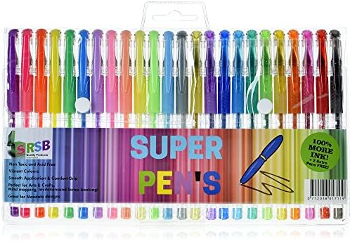 SuperPens – 24 assorted Gel Pens (100% more ink, plus 2 extra free) in glitter, neon + pastel. Ideal for crafting, adult coloring books, mandalas, drawing, scrapbooking and doodling.