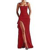 ABYOVRT Women Formal Dresses Sleeveless Bodycon Ruched High Slit Sexy Maxi Dress Cocktail Prom