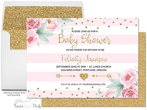 Girls Pink and Gold Floral Baby Shower Invitations