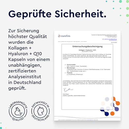 Kollagen + Coenzym Q10 + Hyaluronsäure - Premium: Marine Collagen - Mit Zink, Magnesium, Vitamin B12, D3, A & C - 60 Kapseln - Laborgeprüft, hochdosiert ohne Zusätze in Deutschland hergestellt