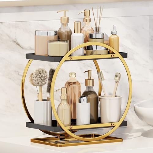 YGJT Perfume Organizer for Dresser, 2 Tier Bathroom Counter Organizer, Makeup Organizer Countertop for Vanity, Skincare Organizer Perfume Holder Tray Cosmetic Display Rack, Gifts for Women(Black Gold)